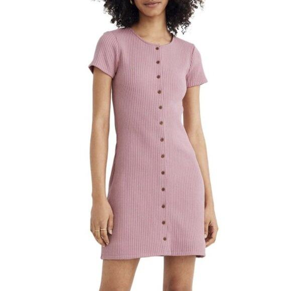 Madewell Womens Casual Button Front Ribbed Short Sleeve Mini Dress XS Rose‎ Pink - Picture 1 of 9